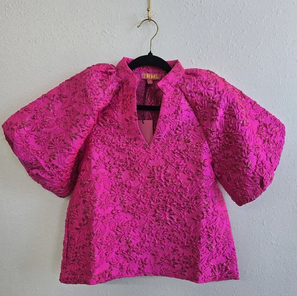 THML Pink Jacquard Allison Top Size XS NWOT Puff Sleeves - Picture 4 of 10
